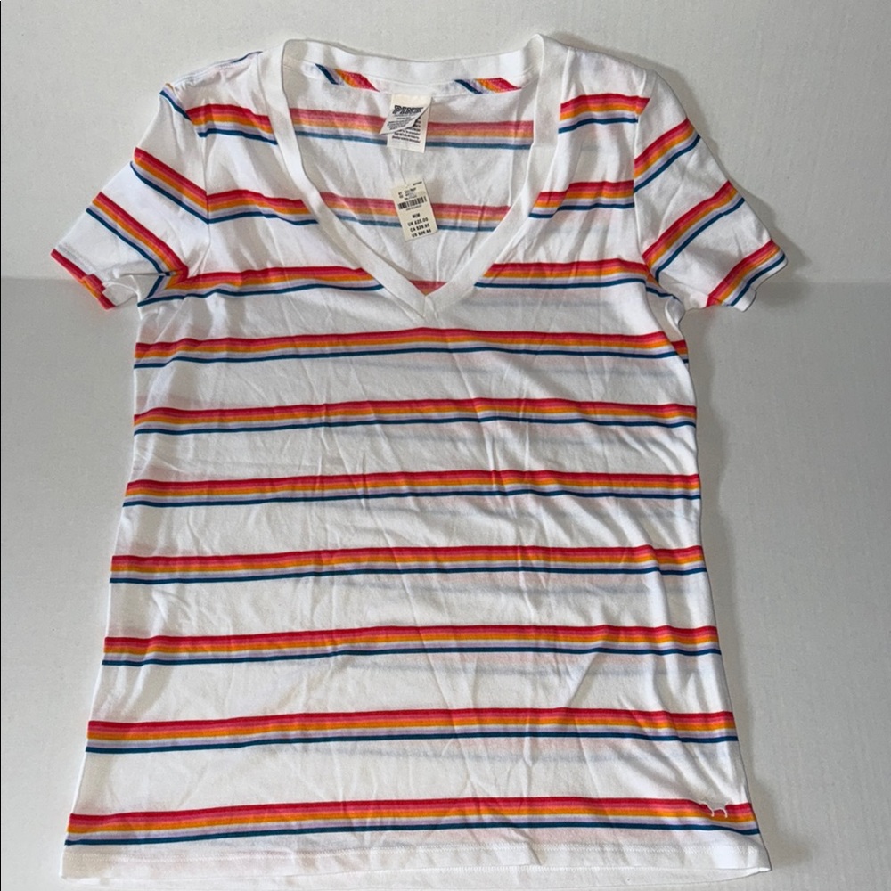 PINK Victoria's Secret White V-Neck Tee with Rainbow Stripes